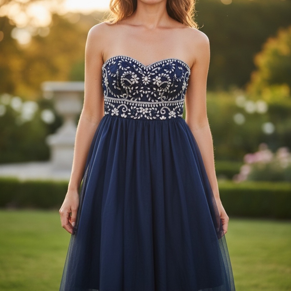 Strapless Navy Beaded Sweetheart Evening Dress